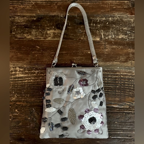 Handbags - Vintage Beaded Evening bag/grey Satin by Jeanne Lottie